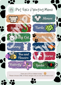 Face Painters Menu for Pet Stores and animal events- double side printed and laminated