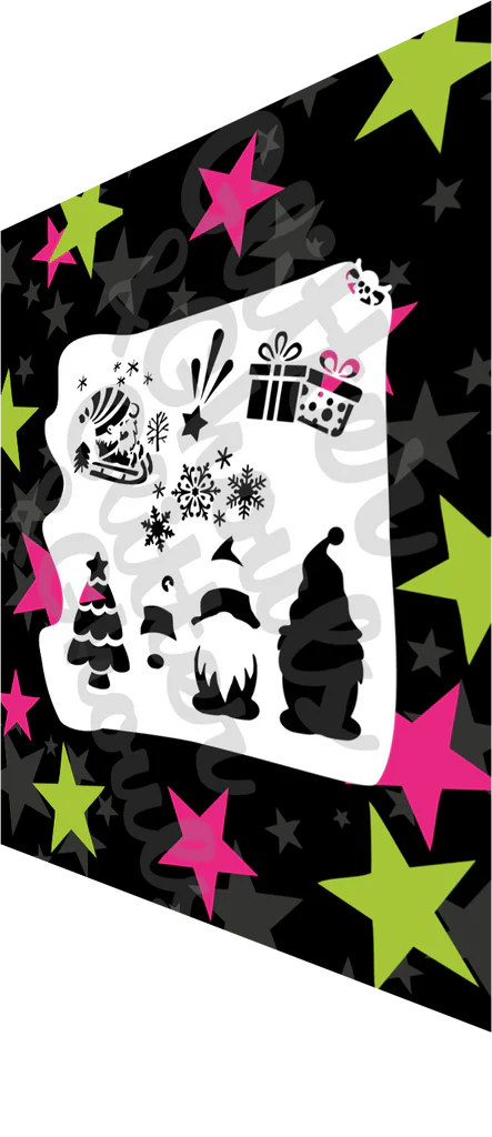 Glitter and Ghouls Face Painting Stencil- Sledding Elf, Snow, presents and Christmas tree